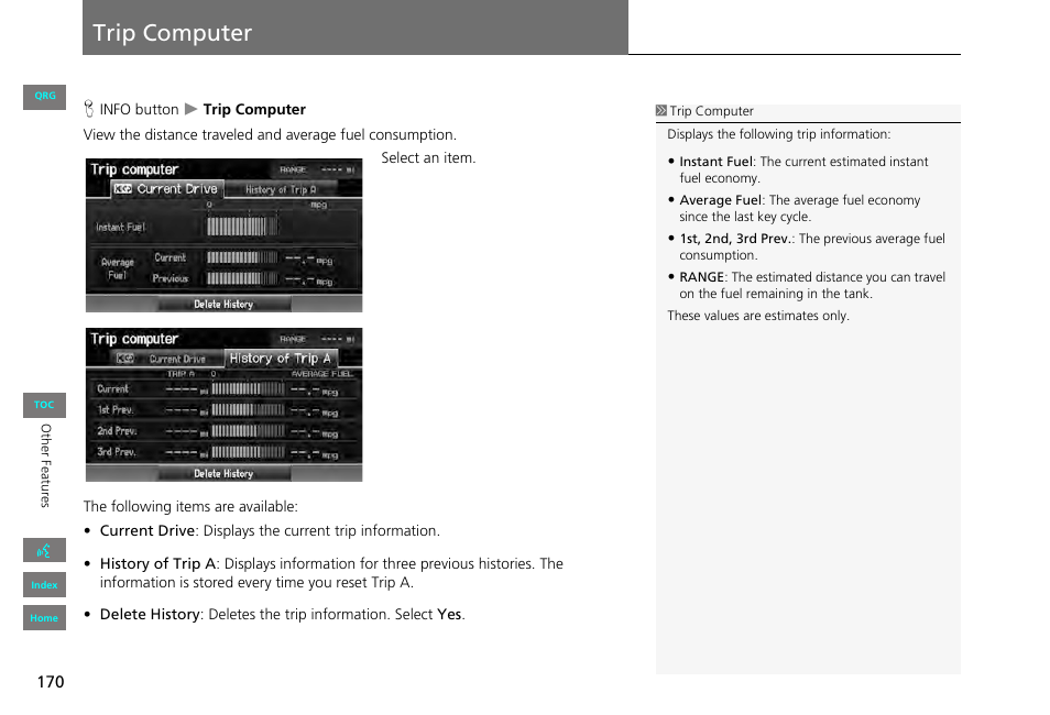 Trip computer | HONDA 2013 Civic Navigation User Manual | Page 171 / 212