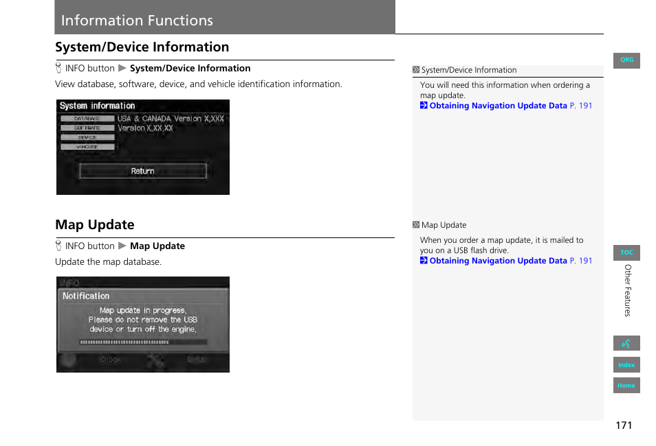 Information functions, System/device information, Map update | HONDA 2013 Civic Navigation User Manual | Page 172 / 212