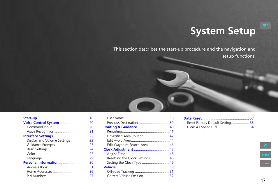 System setup, 2 system setup p. 17, P.17 | HONDA 2013 Civic Navigation User Manual | Page 18 / 212