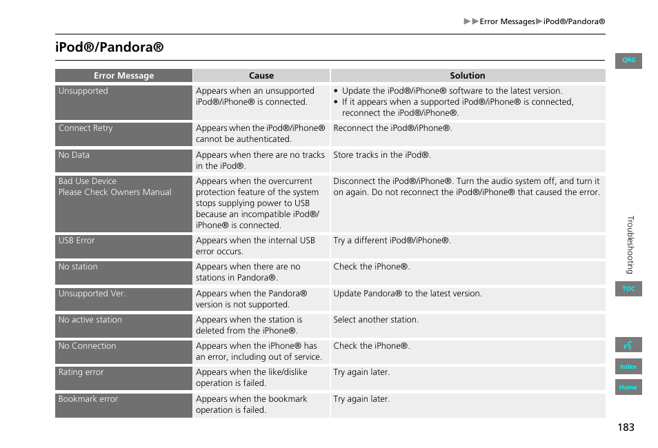 Ipod®/pandora | HONDA 2013 Civic Navigation User Manual | Page 184 / 212