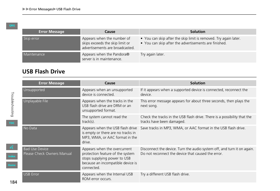 Usb flash drive | HONDA 2013 Civic Navigation User Manual | Page 185 / 212