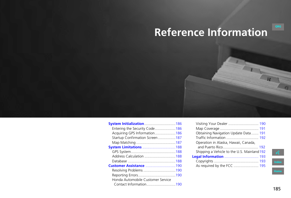 Reference information, 2 reference information p. 185, P.185 | HONDA 2013 Civic Navigation User Manual | Page 186 / 212