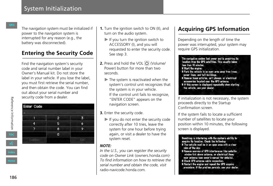 System initialization, Entering the security code, Acquiring gps information | Ialization, 2 system initialization p. 186, 2 entering the security code p. 186, System, Initialization | HONDA 2013 Civic Navigation User Manual | Page 187 / 212