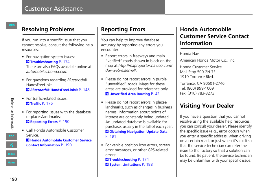 Customer assistance, Resolving problems, Reporting errors | Visiting your dealer, Tance | HONDA 2013 Civic Navigation User Manual | Page 191 / 212