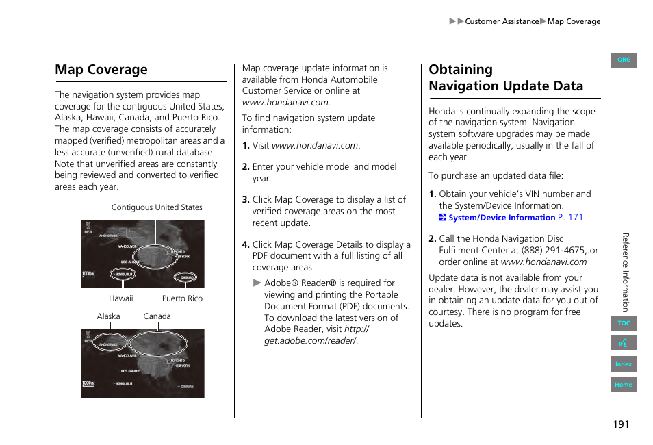 Map coverage, Obtaining navigation update data, 2 map coverage p. 191 | 2 obtaining navigation update data, P. 191 | HONDA 2013 Civic Navigation User Manual | Page 192 / 212