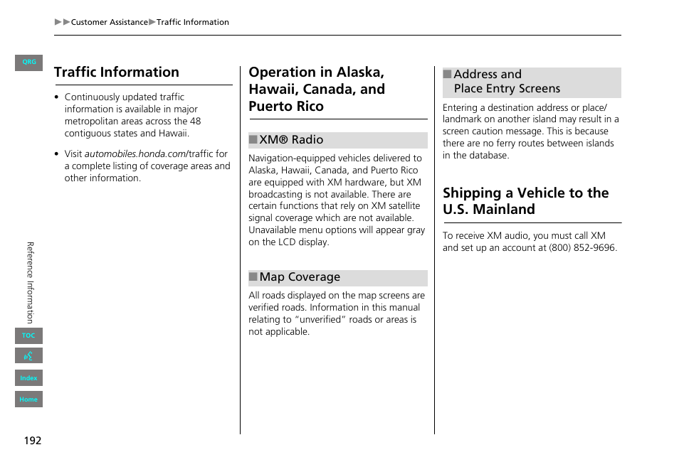 Traffic information, Shipping a vehicle to the u.s. mainland, Inland | HONDA 2013 Civic Navigation User Manual | Page 193 / 212