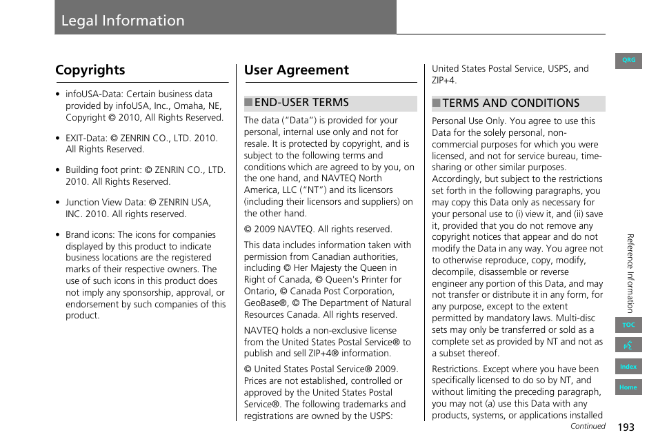 Legal information, Copyrights, User agreement | Rmation | HONDA 2013 Civic Navigation User Manual | Page 194 / 212