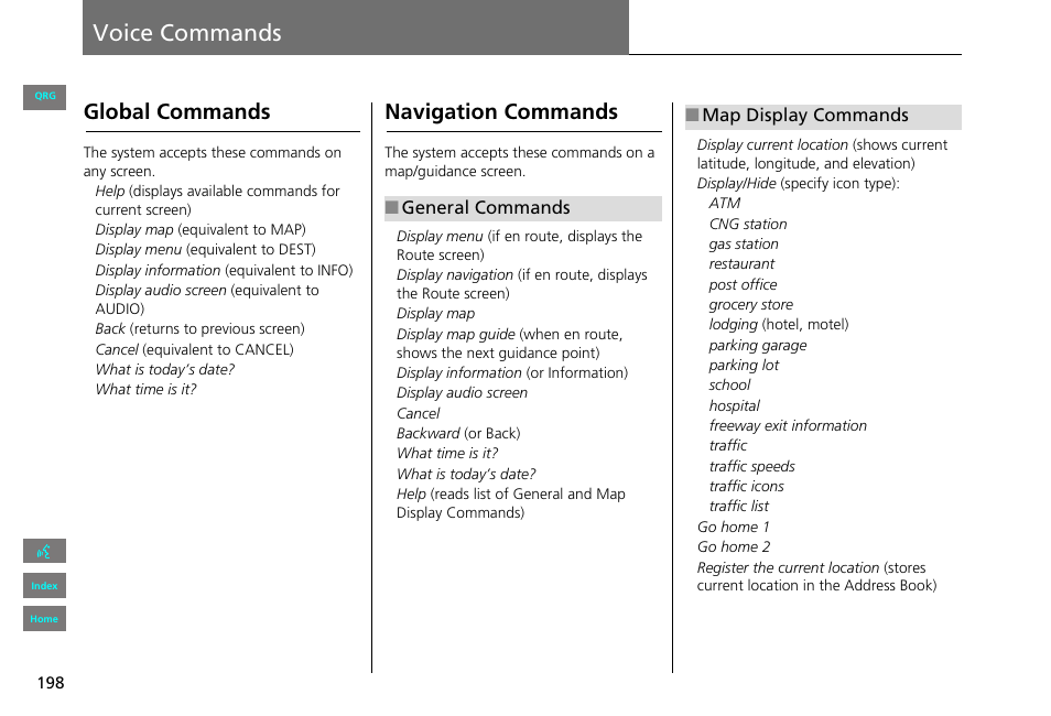Voice commands, Global commands, Navigation commands | Mmands, 2 voice commands, P. 198, 2 global commands p. 198, 2 map display commands p. 198 | HONDA 2013 Civic Navigation User Manual | Page 199 / 212