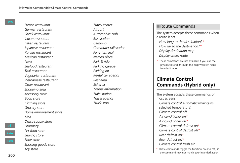 Climate control commands, 2 route commands p. 200, Climate control | Commands (hybrid only), Route commands | HONDA 2013 Civic Navigation User Manual | Page 201 / 212