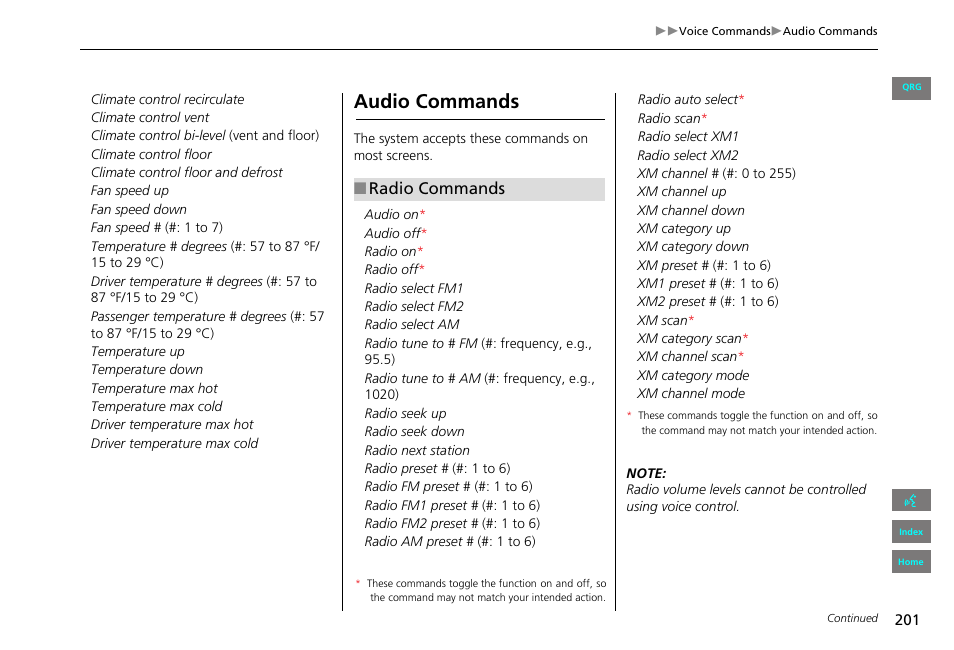 Audio commands, 2 audio commands p. 201, 2 radio commands p. 201 | Radio commands | HONDA 2013 Civic Navigation User Manual | Page 202 / 212