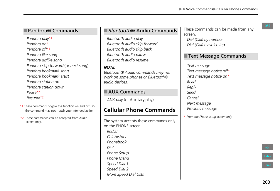 Cellular phone commands, 2 pandora® commands p. 203, 2 bluetooth ® audio commands p. 203 | 2 text message commands p. 203, Pandora® commands, Bluetooth ® audio commands ■ aux commands, Text message commands | HONDA 2013 Civic Navigation User Manual | Page 204 / 212