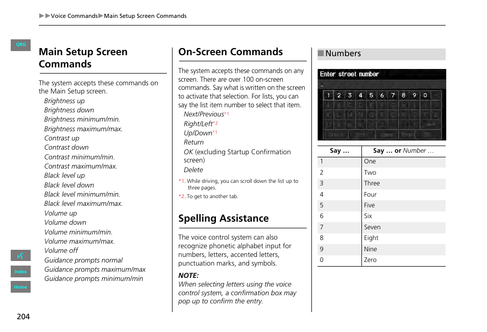 Main setup screen commands, On-screen commands, Spelling assistance | Numbers | HONDA 2013 Civic Navigation User Manual | Page 205 / 212