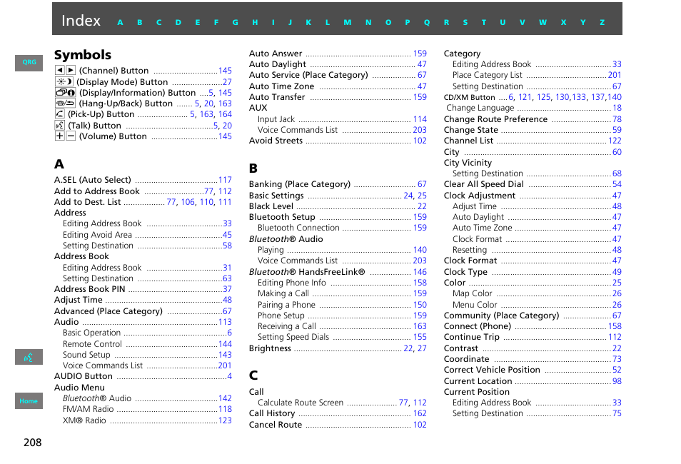 Index, P.208, Symbols | HONDA 2013 Civic Navigation User Manual | Page 209 / 212