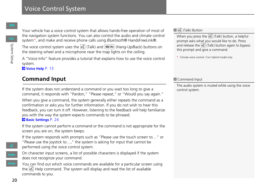 Voice control system, Command input, P20) | Voice, Control, System | HONDA 2013 Civic Navigation User Manual | Page 21 / 212