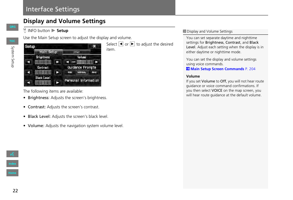 Interface settings, Display and volume settings | HONDA 2013 Civic Navigation User Manual | Page 23 / 212