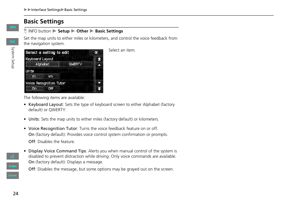 Basic settings, 2 basic settings, P. 24 | HONDA 2013 Civic Navigation User Manual | Page 25 / 212