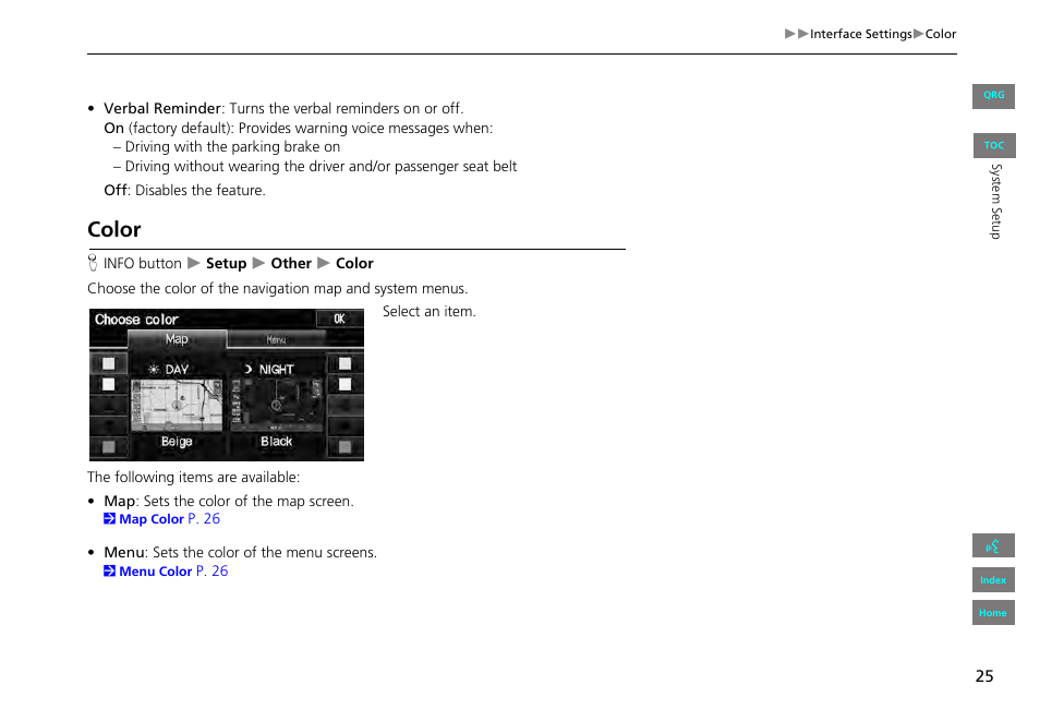 Color | HONDA 2013 Civic Navigation User Manual | Page 26 / 212