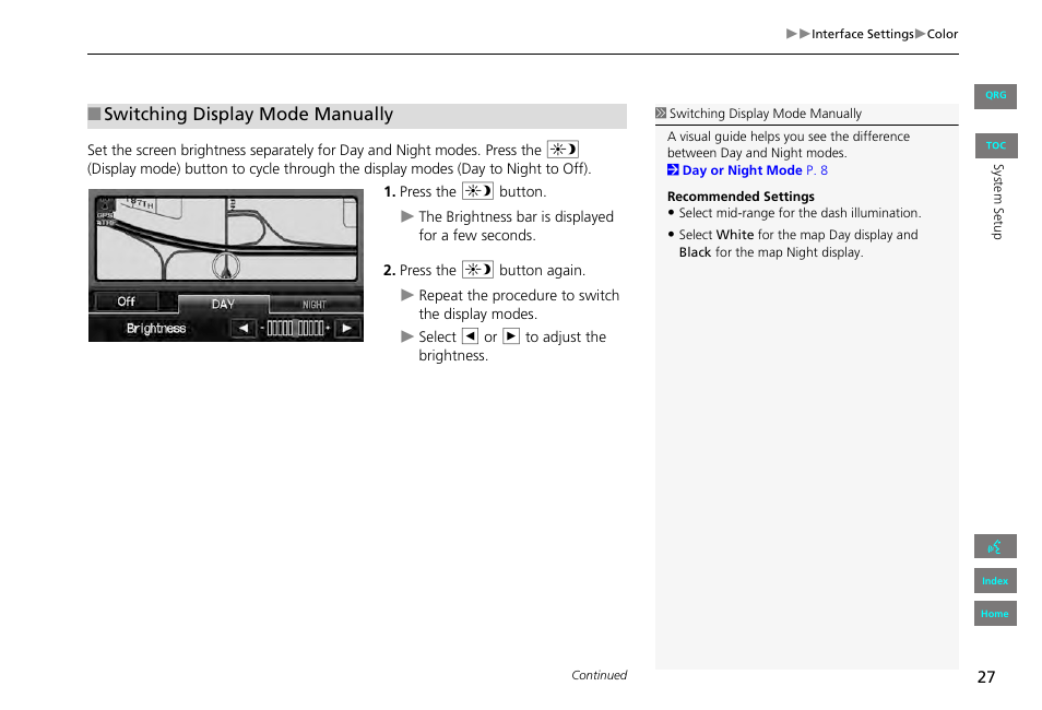 P27), Switching display mode manually | HONDA 2013 Civic Navigation User Manual | Page 28 / 212