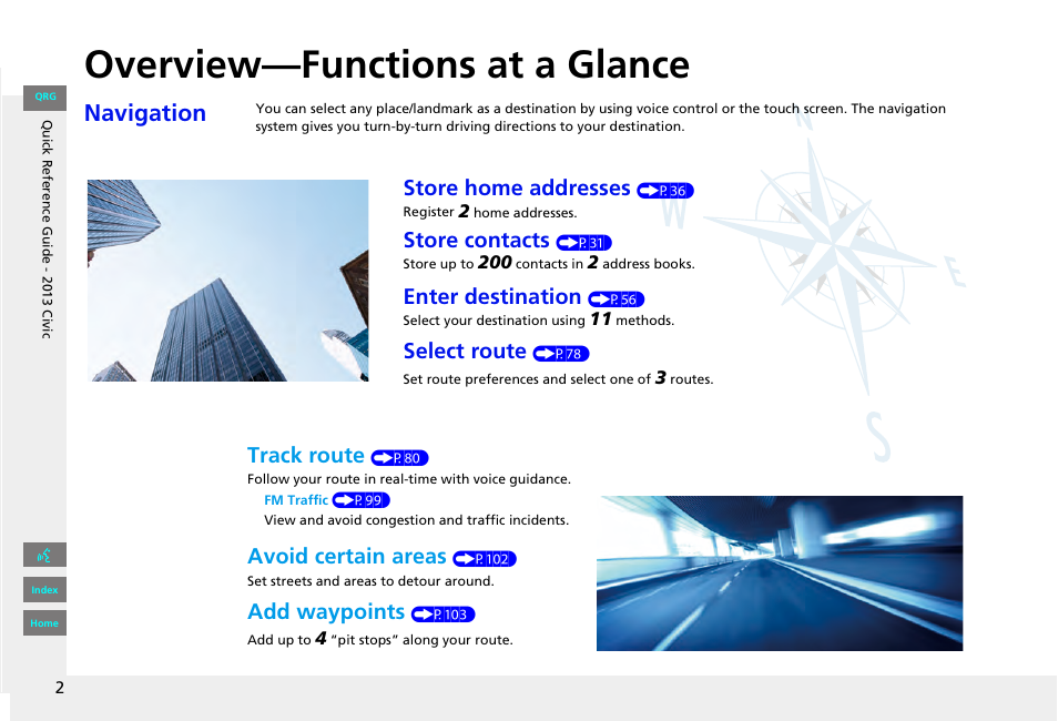 Quick reference guide, Overview-functions at a glance, Overview—functions at a glance | Navigation, Store home addresses, Store contacts, Enter destination, Select route, Track route, Avoid certain areas | HONDA 2013 Civic Navigation User Manual | Page 3 / 212