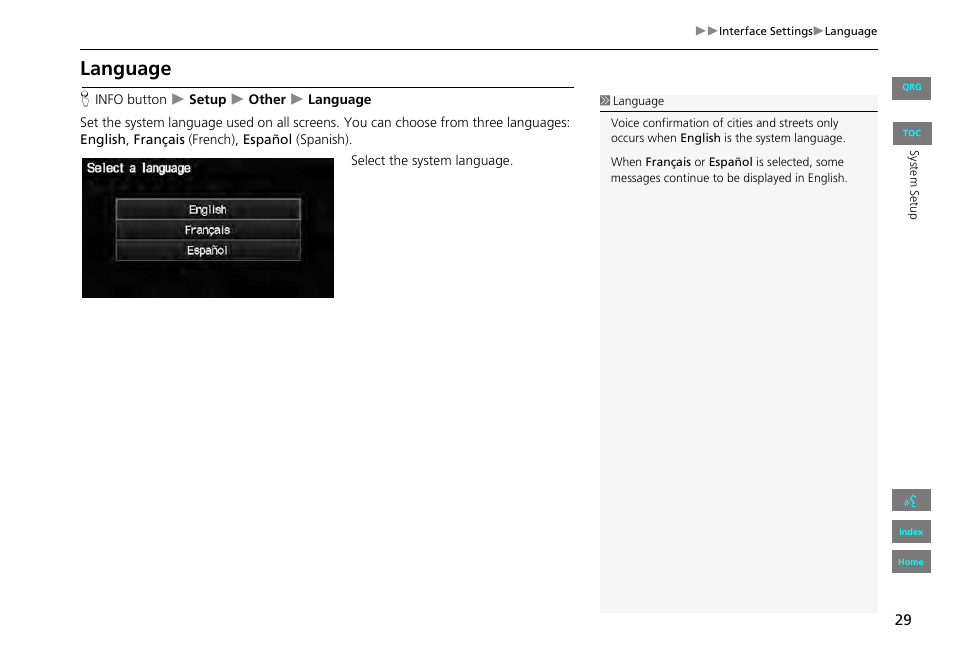 Language | HONDA 2013 Civic Navigation User Manual | Page 30 / 212