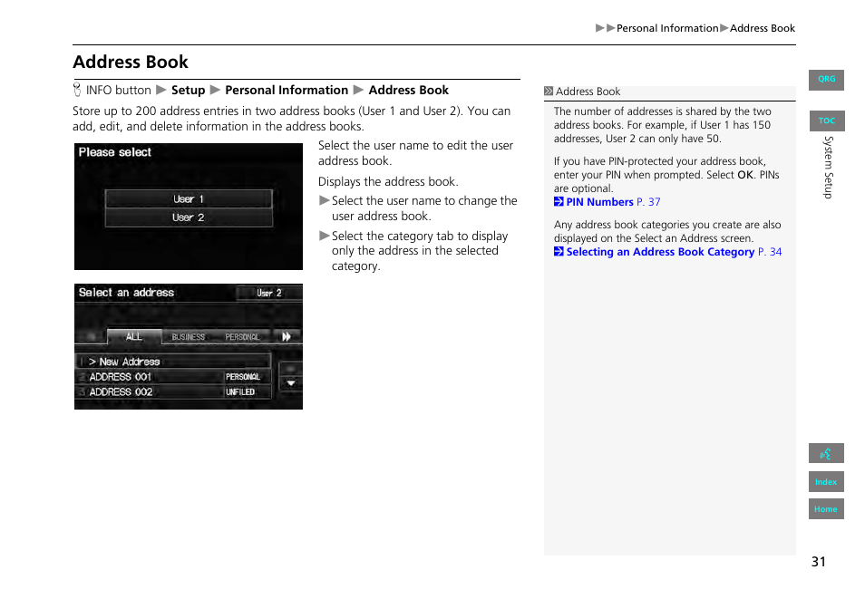 Address book, P31), 2 address book | P. 31 | HONDA 2013 Civic Navigation User Manual | Page 32 / 212
