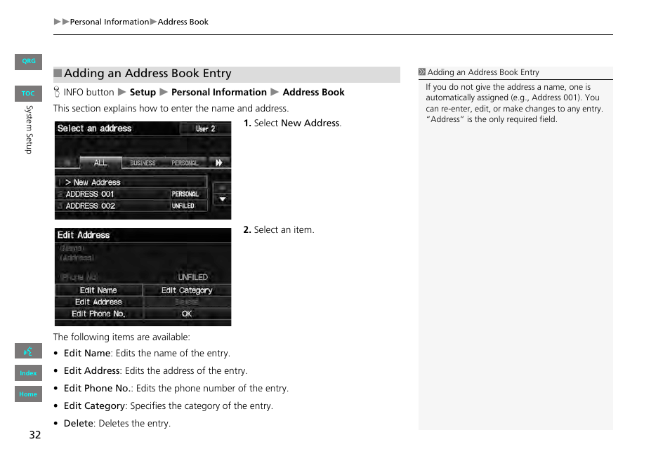 Adding an address book entry | HONDA 2013 Civic Navigation User Manual | Page 33 / 212
