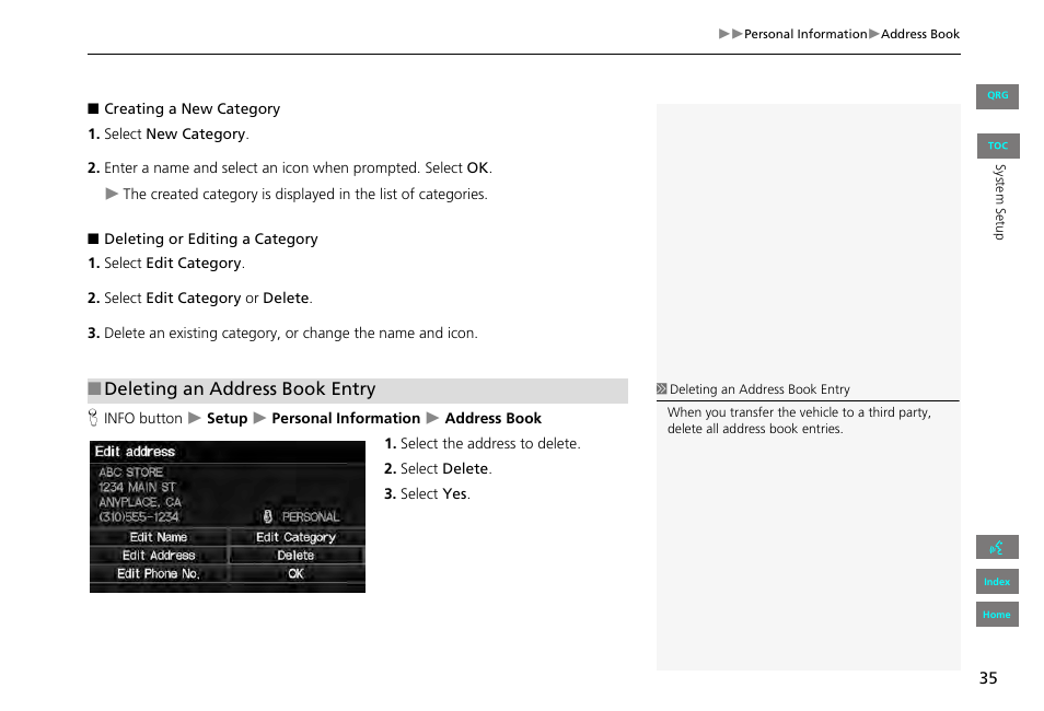 Deleting an address book entry | HONDA 2013 Civic Navigation User Manual | Page 36 / 212