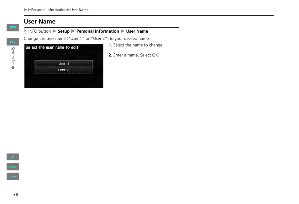 User name, 2 user name, P. 38 | HONDA 2013 Civic Navigation User Manual | Page 39 / 212