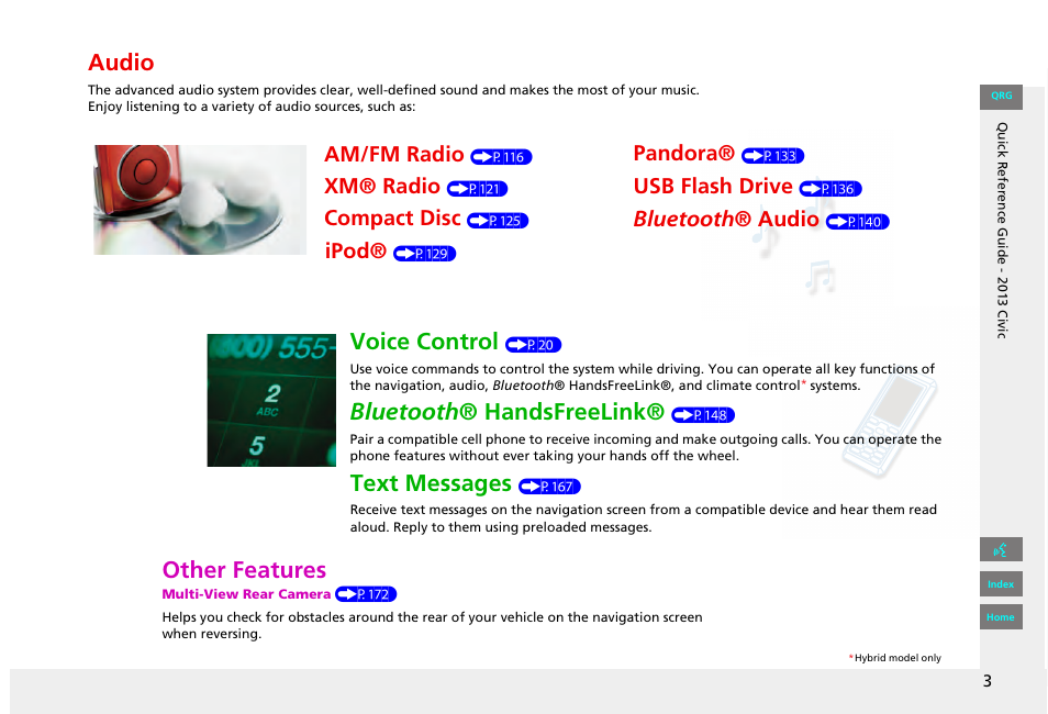 Audio, Voice control, Bluetooth ® handsfreelink | Text messages, Other features, Am/fm radio, Xm® radio, Compact disc, Pandora, Usb flash drive | HONDA 2013 Civic Navigation User Manual | Page 4 / 212