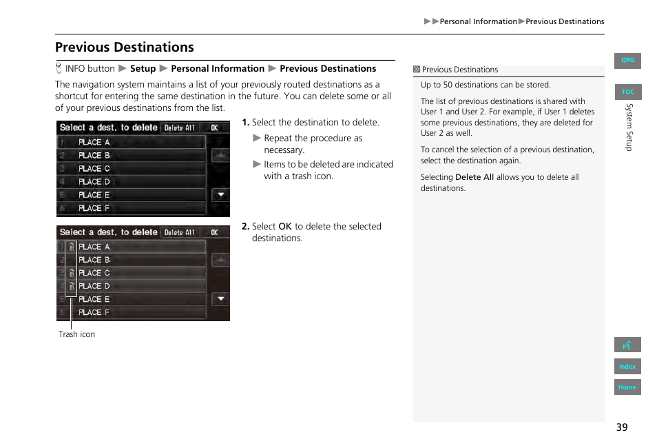 Previous destinations, 2 previous destinations, P. 39 | HONDA 2013 Civic Navigation User Manual | Page 40 / 212