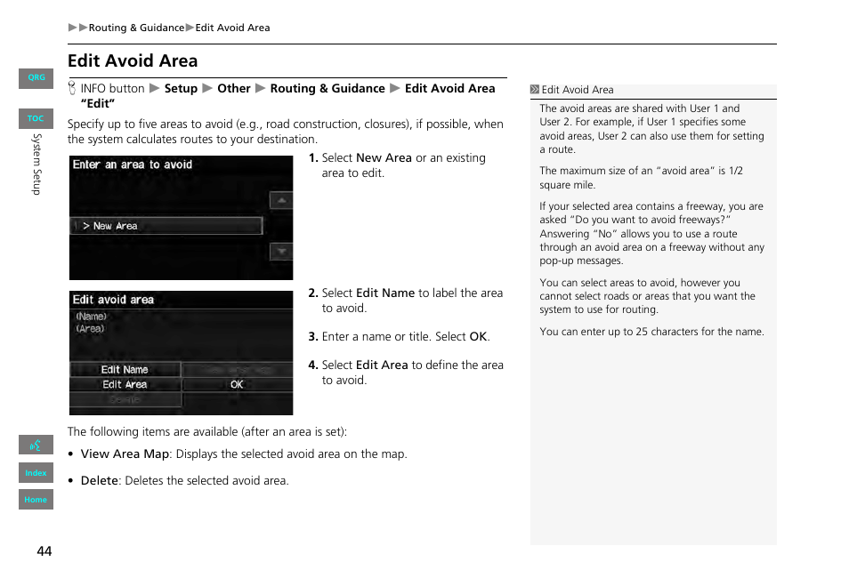 Edit avoid area, Edit avoid area: specif | HONDA 2013 Civic Navigation User Manual | Page 45 / 212