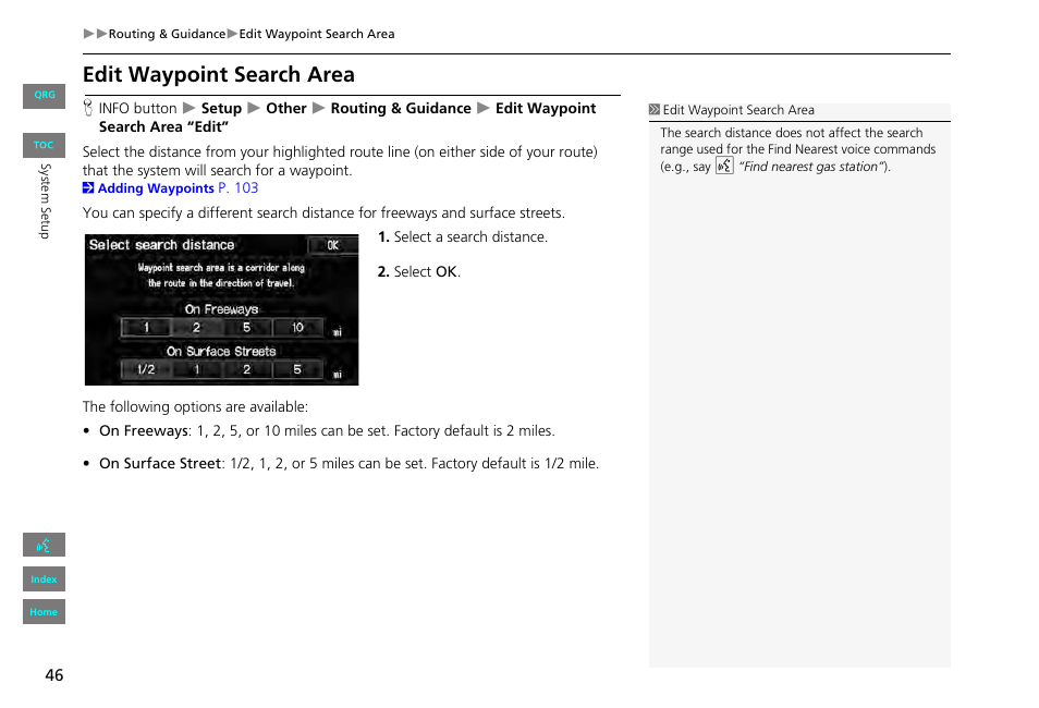Edit waypoint search area, 2 edit waypoint search area, P. 46 | HONDA 2013 Civic Navigation User Manual | Page 47 / 212