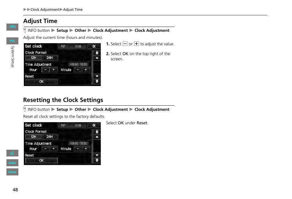 Adjust time, Resetting the clock settings, 2 adjust time | P. 48, 2 resetting the clock settings | HONDA 2013 Civic Navigation User Manual | Page 49 / 212