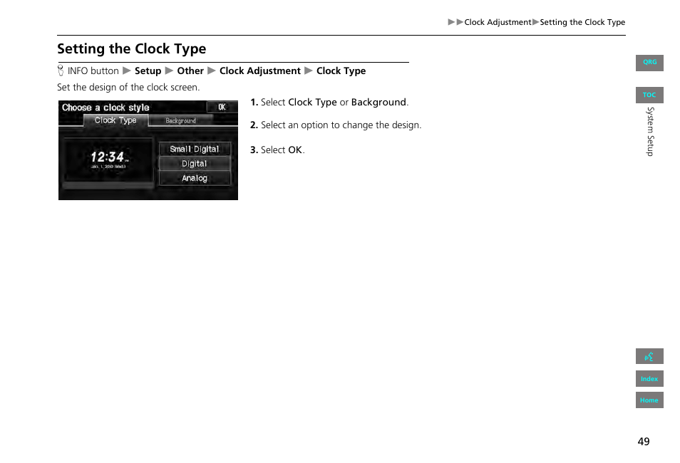 Setting the clock type | HONDA 2013 Civic Navigation User Manual | Page 50 / 212