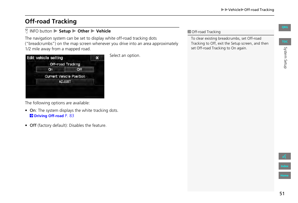 Off-road tracking, 2 off-road tracking, P. 51 | HONDA 2013 Civic Navigation User Manual | Page 52 / 212