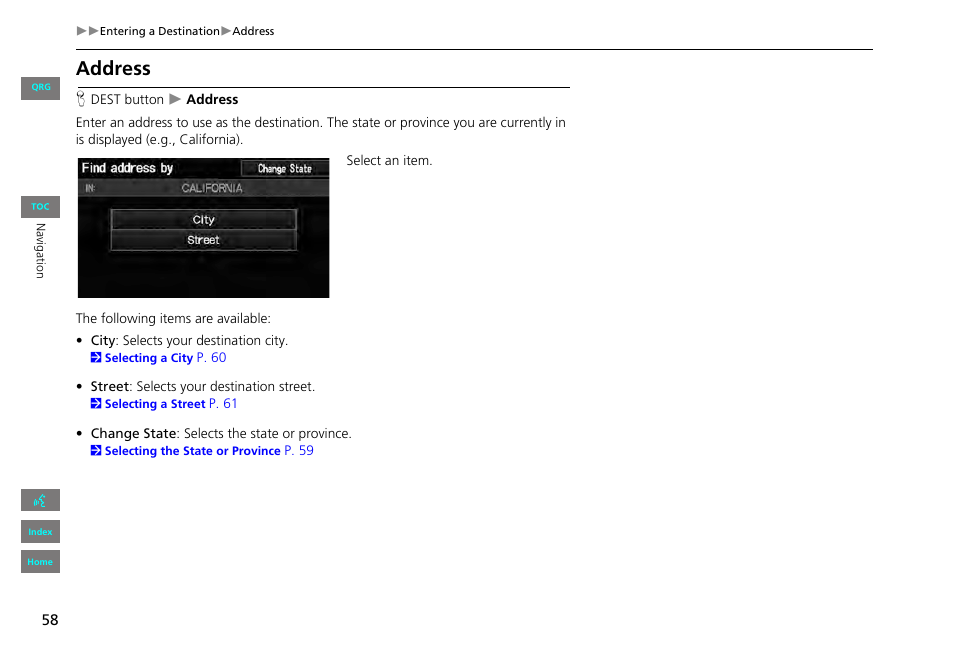 Address, 2 address, P. 58 | HONDA 2013 Civic Navigation User Manual | Page 59 / 212