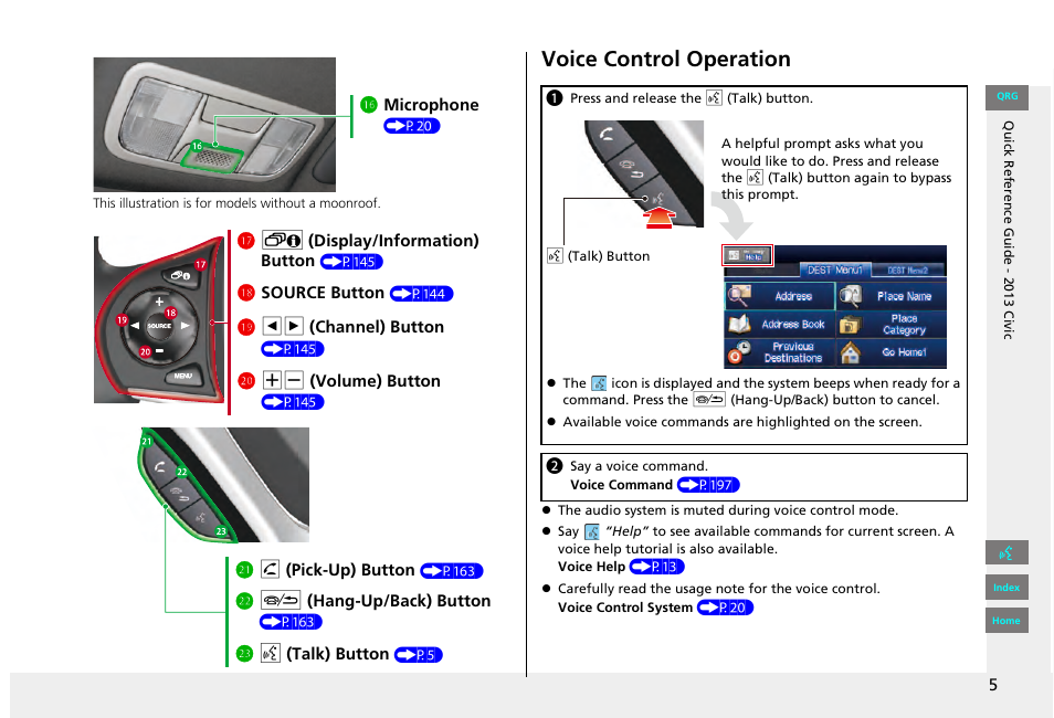 Voice control operation | HONDA 2013 Civic Navigation User Manual | Page 6 / 212