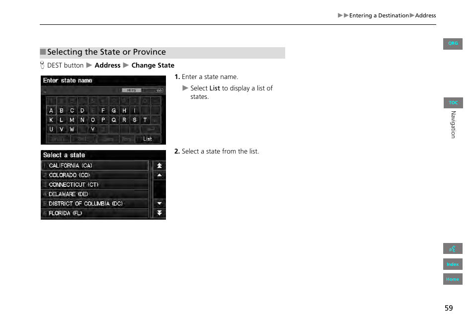 2 selecting the state or province, P. 59, Selecting the state or province | HONDA 2013 Civic Navigation User Manual | Page 60 / 212