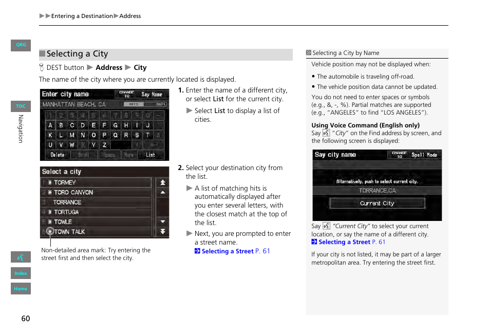 2 selecting a city, P. 60, Selecting a city | HONDA 2013 Civic Navigation User Manual | Page 61 / 212