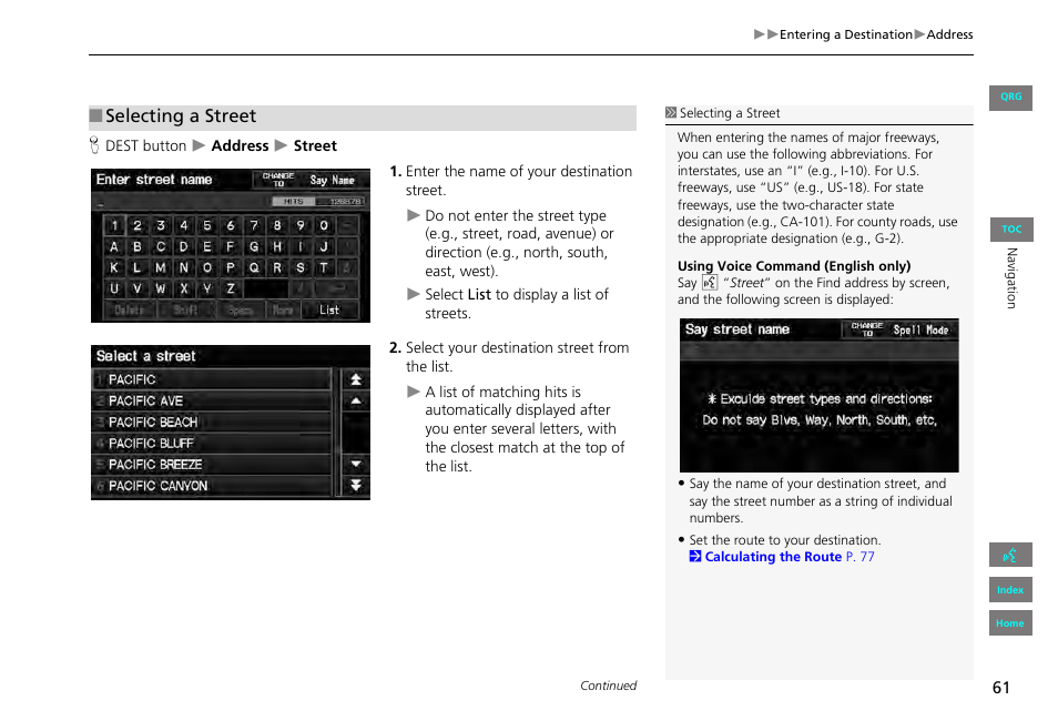 2 selecting a street, P. 61, Selecting a street | HONDA 2013 Civic Navigation User Manual | Page 62 / 212