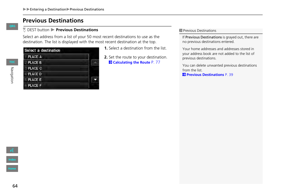 Previous destinations, 2 previous destinations, P. 64 | HONDA 2013 Civic Navigation User Manual | Page 65 / 212