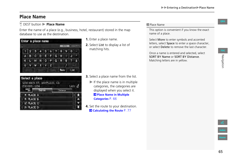 Place name, 2 place name, P. 65 | HONDA 2013 Civic Navigation User Manual | Page 66 / 212