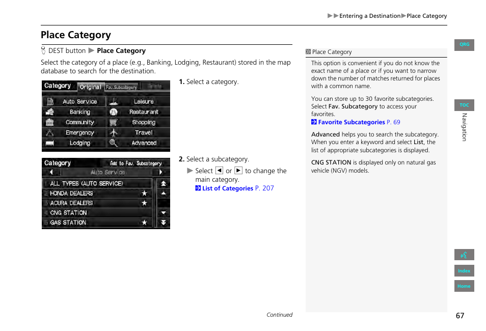 Place category, 2 place category, P. 67 | HONDA 2013 Civic Navigation User Manual | Page 68 / 212