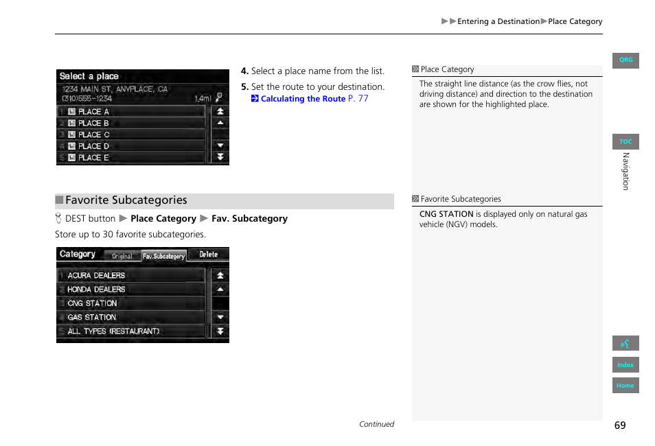 Favorite subcategories | HONDA 2013 Civic Navigation User Manual | Page 70 / 212