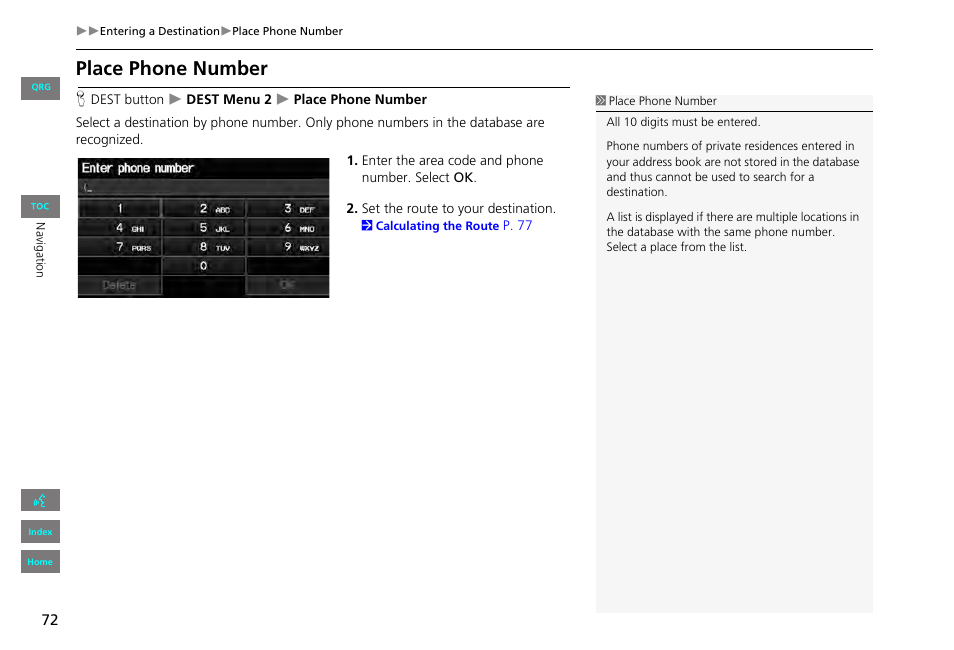 Place phone number, 2 place phone number, P. 72 | HONDA 2013 Civic Navigation User Manual | Page 73 / 212