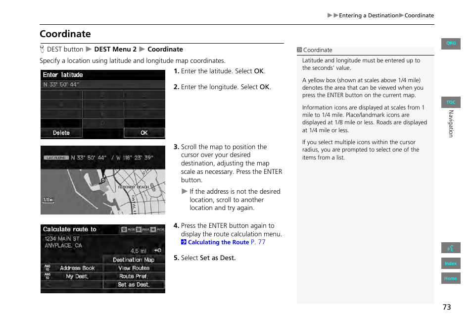Coordinate, 2 coordinate, P. 73 | HONDA 2013 Civic Navigation User Manual | Page 74 / 212