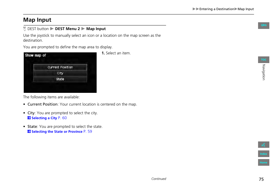 Map input, 2 map input, P. 75 | HONDA 2013 Civic Navigation User Manual | Page 76 / 212
