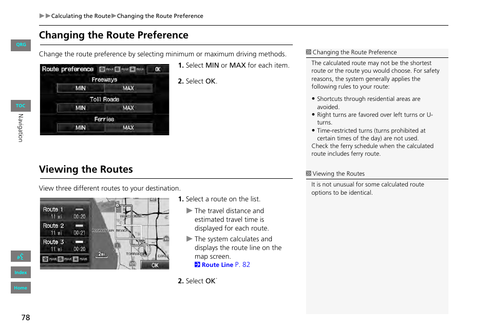 Changing the route preference, Viewing the routes, P78) | 2 changing the route preference, P. 78, 2 viewing the routes | HONDA 2013 Civic Navigation User Manual | Page 79 / 212