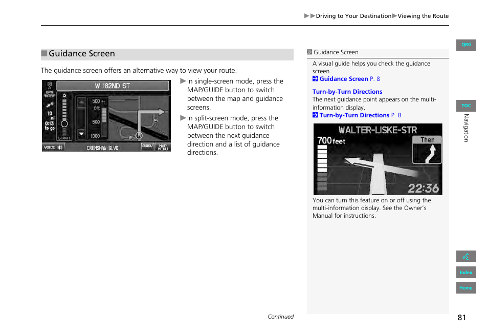 Guidance screen | HONDA 2013 Civic Navigation User Manual | Page 82 / 212