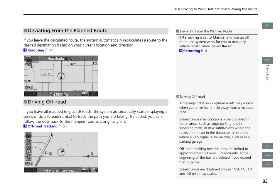 Deviating from the planned route, Driving off-road | HONDA 2013 Civic Navigation User Manual | Page 84 / 212